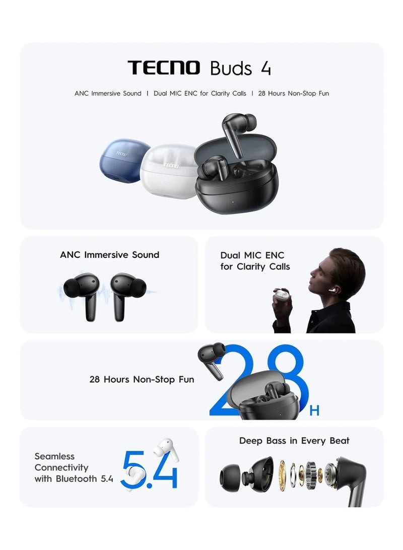 سماعات Tecno Buds 4 مزودة بتقنية إلغاء الضوضاء النشط (ANC) التي تقلل الضوضاء المحيطة بما يصل إلى 25 ديسيبل، باللون الأبيض. - Image 5