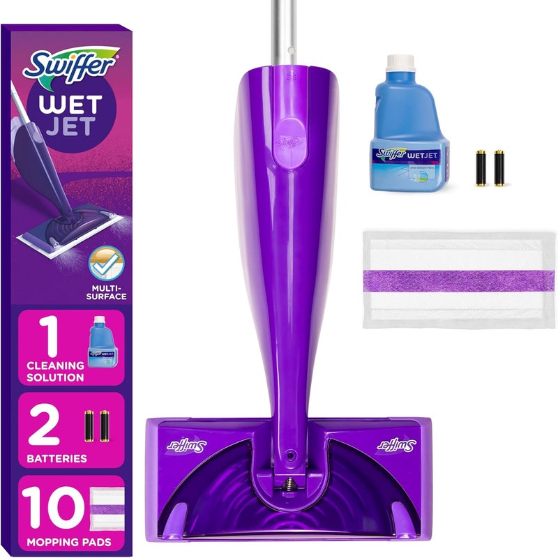 Swiffer WetJet Hardwood and Floor Spray Mop Cleaner Starter Kit, Includes: 1 Power Mop, 10 Pads, Cleaning Solution, Batteries - Image 1