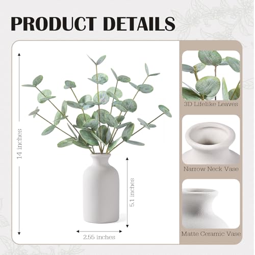 FIACO Artificial Eucalyptus Stems in Ceramic Vase, 14'' Fake Plants Greenery Stems for Home Decor Eucalyptus Plant for Bathroom Farmhouse Room Coffee Table Centerpiece Desk Shelf Faux Branches Decorations - Image 3