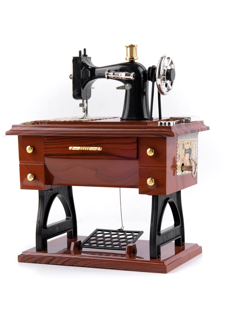 Sewing Machine Music Box, Vintage Hand Cranked Mechanism Mini Musical Retro Classical Table Desk Decoration Brown - Image 1