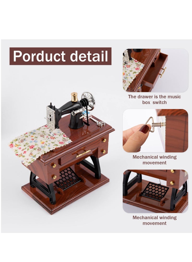 Sewing Machine Music Box, Vintage Hand Cranked Mechanism Mini Musical Retro Classical Table Desk Decoration Brown - Image 5