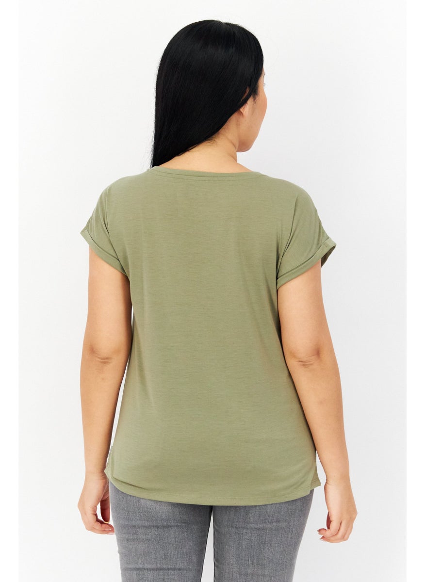 Eddie Bauer Women Round Neck Cap Sleeve Plain T-Shirt, Olive  - Image 2