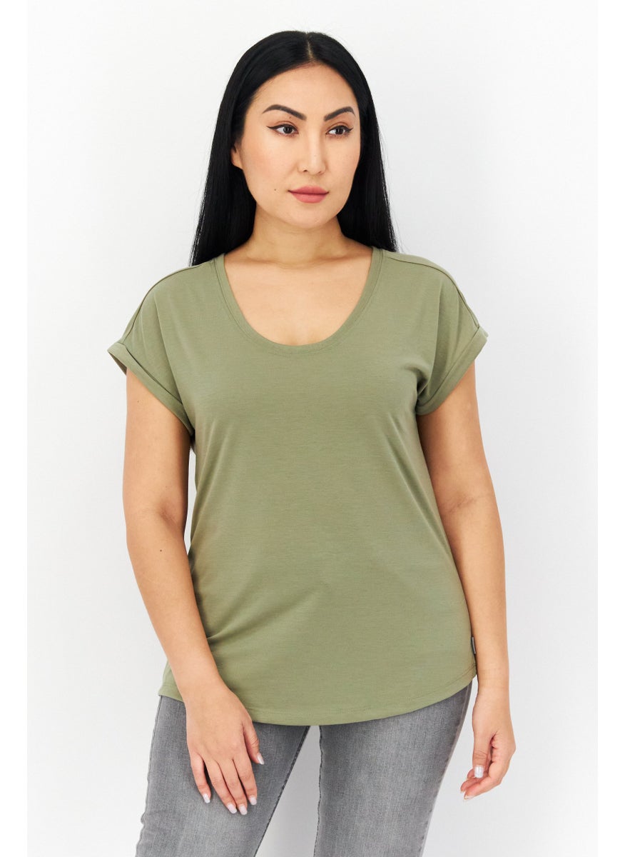 Eddie Bauer Women Round Neck Cap Sleeve Plain T-Shirt, Olive  - Image 1