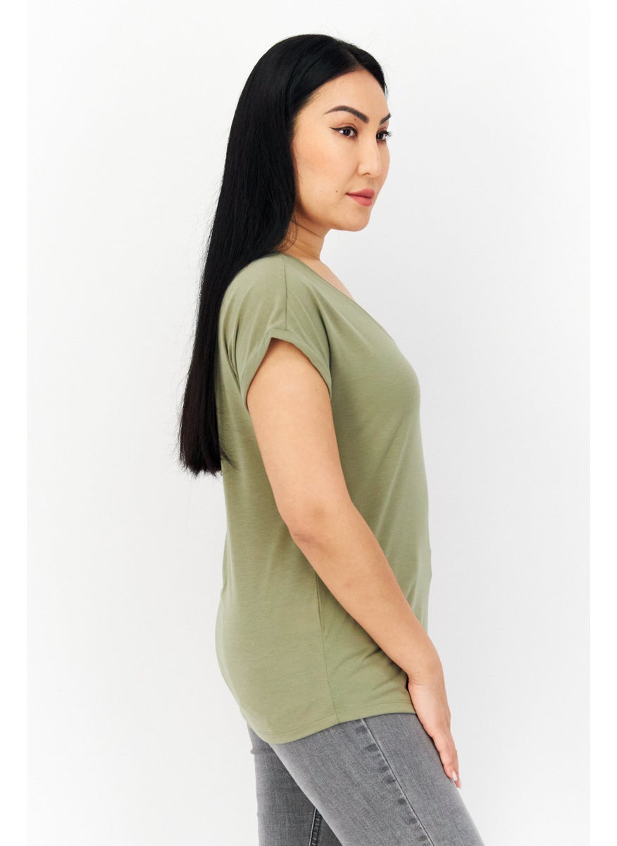 Eddie Bauer Women Round Neck Cap Sleeve Plain T-Shirt, Olive  - Image 3