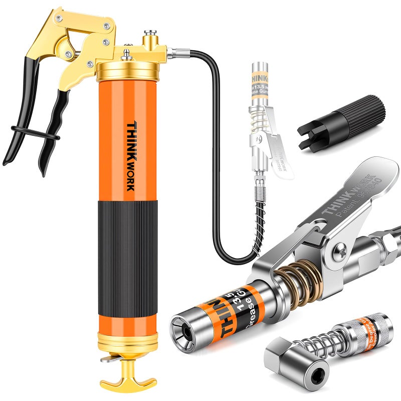 THINKWORK 8000 PSI Professional Heavy Duty Grease Gun Kit for 14 Oz Tubes Pistol Grip Lube Grease Guns Tool with 053 Coupler 90 Adaptor Automotive Marine Industrial Agricultural Machinery - Image 3