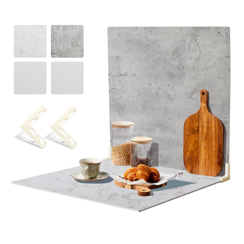 BEIYANG 2 PCS 4 Pattern Boards Photo Backdrop for Flat Lay, Food Photography Background 24x24 Inch, BEIYANG (Marble+Light Gray) - Image 1