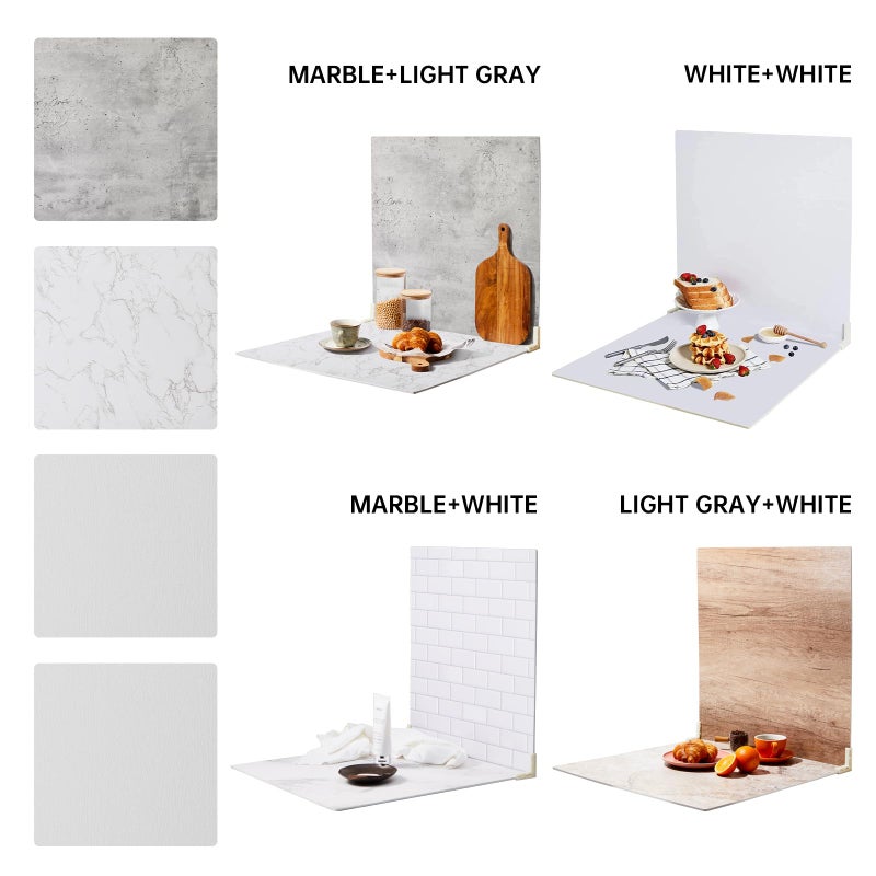 BEIYANG 2 PCS 4 Pattern Boards Photo Backdrop for Flat Lay, Food Photography Background 24x24 Inch, BEIYANG (Marble+Light Gray) - Image 2