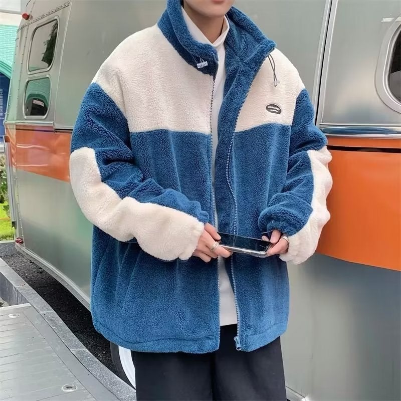2024 Winter New Youth fleece-lined Thickened Cotton-padded Clothes Hong Kong Style Lamb Velvet Warm Couple All-match Coat Cotton-padded Jacket Blue  - Image 1