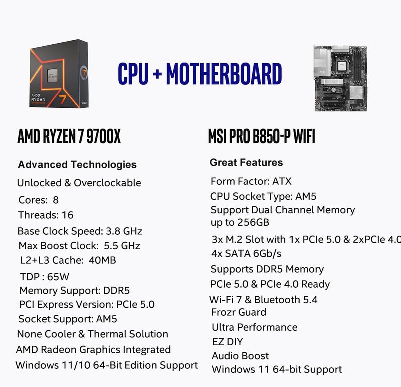 Micro Center AMD Ryzen 7 9700X CPU Processor with MSI PRO B850-P WiFi Motherboard (ATX, AM5, DDR5, PCIe 5.0, M.2 Gen5, Wi-Fi 7, 5G LAN) - Image 2