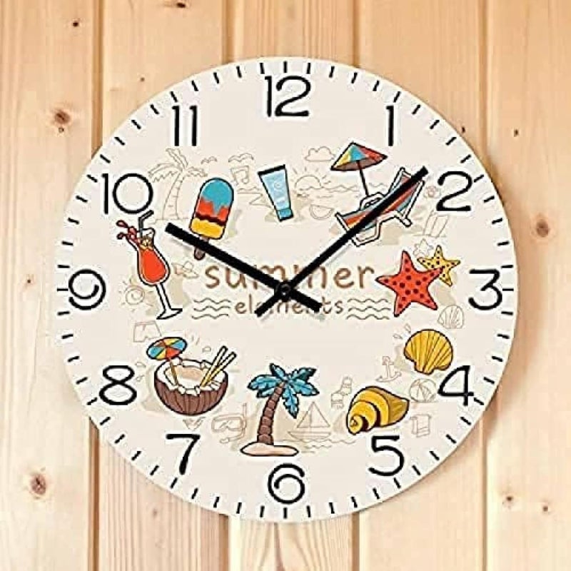 Wall Clock Summer Elements Silent Non Ticking Print Wall Clock Tropical Vibe Seaside Beach Wall Art Decor Coastal Ocean Hanging Wall Watch Gift - Image 3