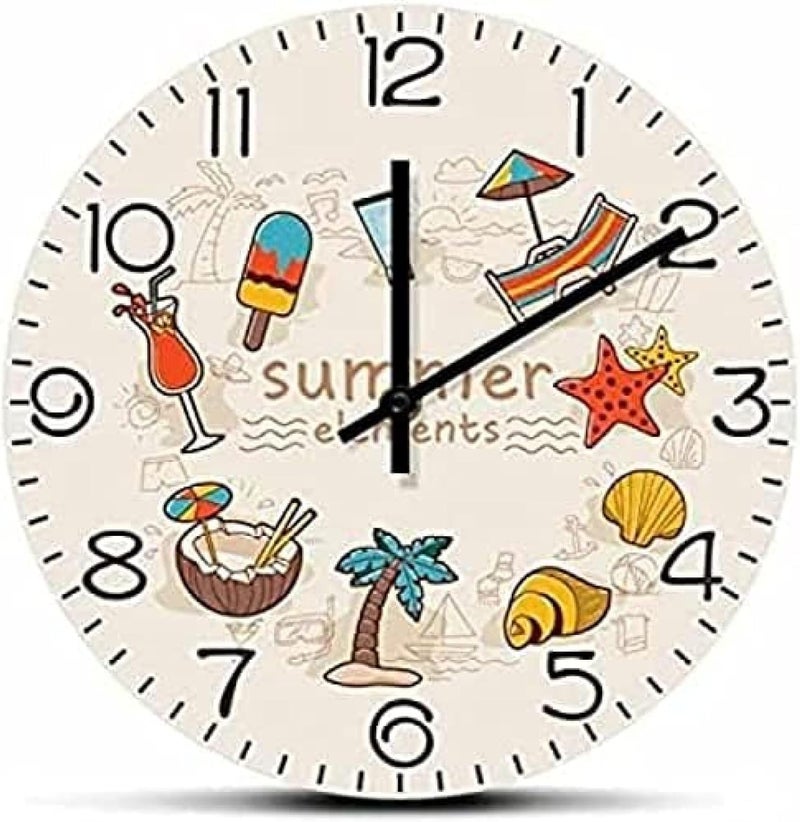 Wall Clock Summer Elements Silent Non Ticking Print Wall Clock Tropical Vibe Seaside Beach Wall Art Decor Coastal Ocean Hanging Wall Watch Gift - Image 1