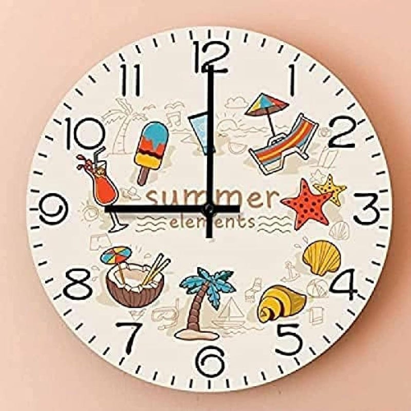 Wall Clock Summer Elements Silent Non Ticking Print Wall Clock Tropical Vibe Seaside Beach Wall Art Decor Coastal Ocean Hanging Wall Watch Gift - Image 2