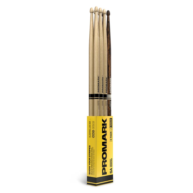 ProMark Drum Sticks - Rebound 5A Drumsticks - FireGrain For Playing Harder, Longer - Rear Weighted Feel - Lacquer Finish, Acorn Tip, Hickory Wood - 3 Pairs of Rebound 5A + 1 Pair of FireGrain 5A - Image 1