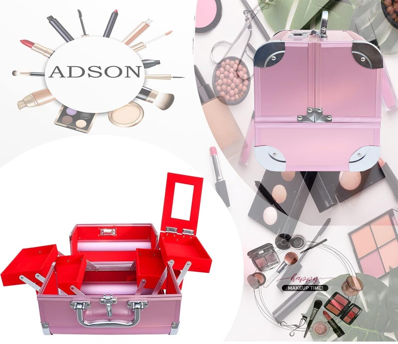ADSON صندوق/حقيبة مكياج تجميل احترافية 4 صواني مع مرآة (وردي فاتح) - Image 4