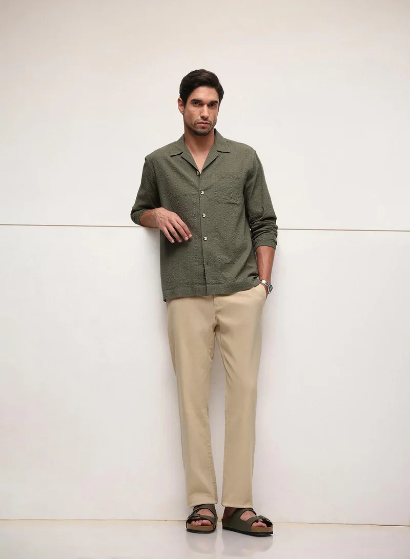 دينيس لينغو Oatmeal Cotton Blend Solid Print Straight Fit Chinos Trouser For Men
