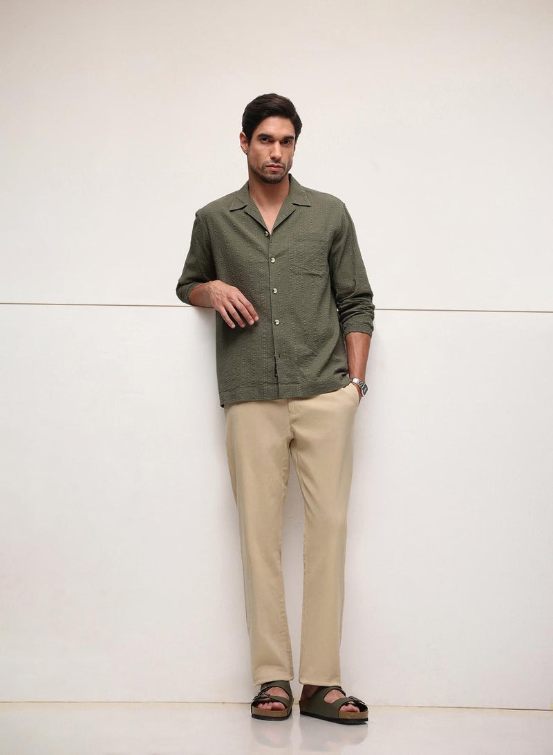 Dennis Lingo Oatmeal Cotton Blend Solid Print Straight Fit Chinos Trouser For Men - Image 1