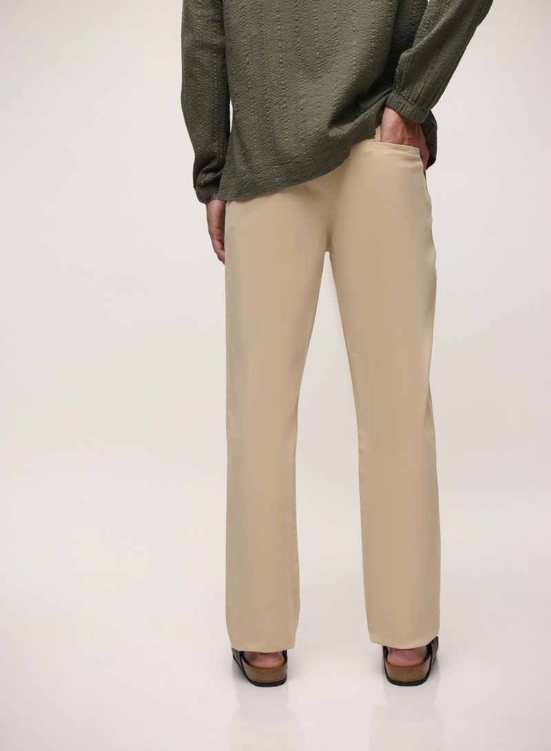 Dennis Lingo Oatmeal Cotton Blend Solid Print Straight Fit Chinos Trouser For Men - Image 5