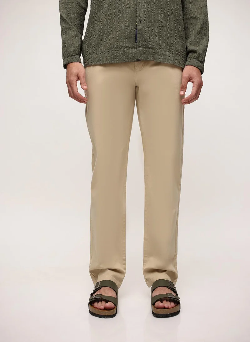 دينيس لينغو Oatmeal Cotton Blend Solid Print Straight Fit Chinos Trouser For Men