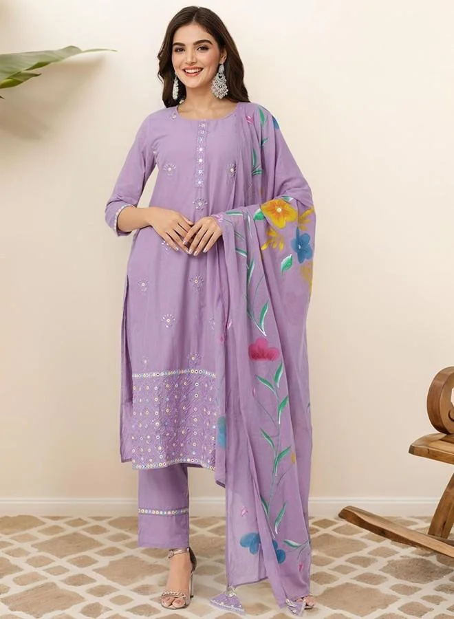ISHIN Women'S Lilac 100% Cotton Embroidered Tunic Full Length Palazzo Straight Fit Kurta Set