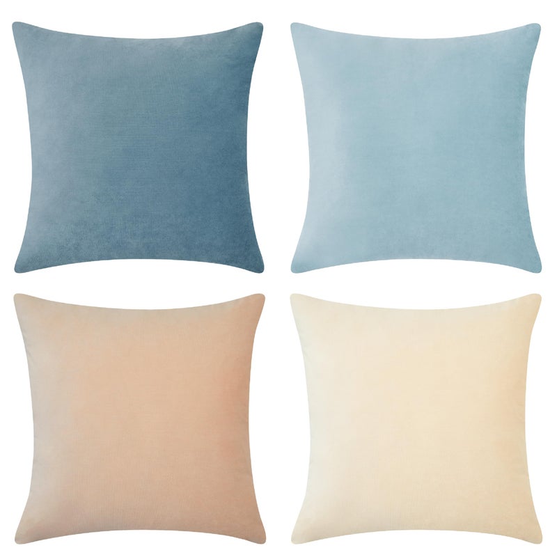 MONDAY MOOSE Decorative Throw Pillow Covers Cushion Cases, Set of 4 Soft Velvet Modern Designs, Mix and Match for Home Decor, Pillow Inserts Not Included (18x18 inch, Beige/Light Blue) - Image 5