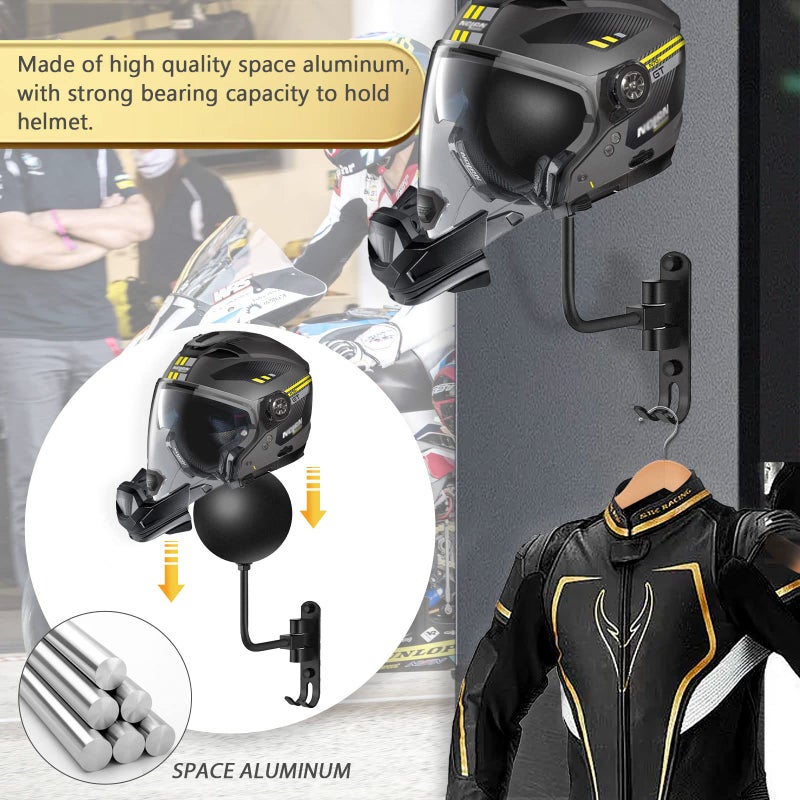 Kikerike Motorcycle Helmet Rack Wall Mount 180 Degree Rotation Metal Bike Helmet Holder Mount Bicycle Helmet Display Hanger Stand With 2 Hooks For Motorcycle Bike Baseball Rugby Helmet - Black 1 Pcs - Image 5