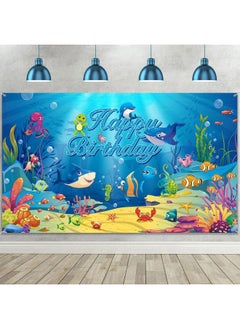 Irenare Under The Sea Backdrop Ocean Animal Happy Birthday Decorations Ocean Theme Birthday Photography Background Banner For Kids Dolphin Shark Underwater Blue Party Decorations Supplies 72.8 X 43.3 Inches  - Image 2