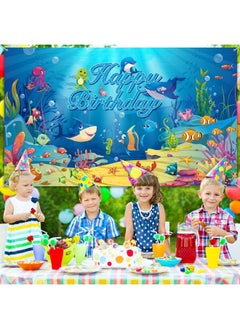 Irenare Under The Sea Backdrop Ocean Animal Happy Birthday Decorations Ocean Theme Birthday Photography Background Banner For Kids Dolphin Shark Underwater Blue Party Decorations Supplies 72.8 X 43.3 Inches  - Image 5