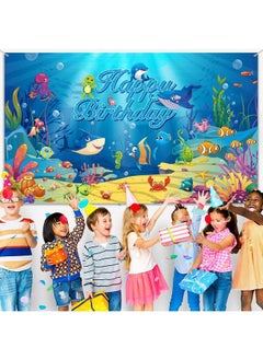 Irenare Under The Sea Backdrop Ocean Animal Happy Birthday Decorations Ocean Theme Birthday Photography Background Banner For Kids Dolphin Shark Underwater Blue Party Decorations Supplies 72.8 X 43.3 Inches  - Image 4