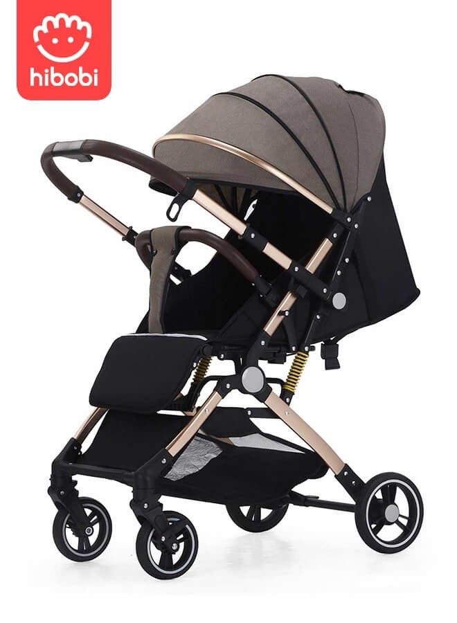 hibobi Two-Way Push High View Portable Folding Stroller - Brown - Image 1