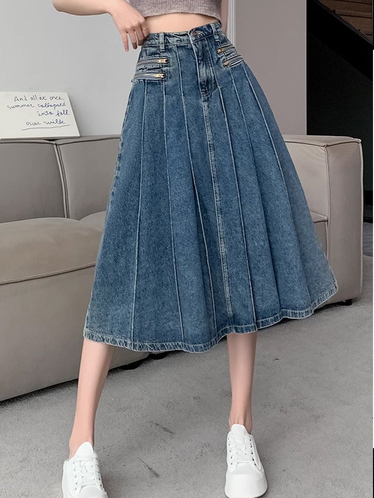 Retro Pleated Denim Skirt Summer 2023 High Waist Slimming A-Line Picture Color Picture Color