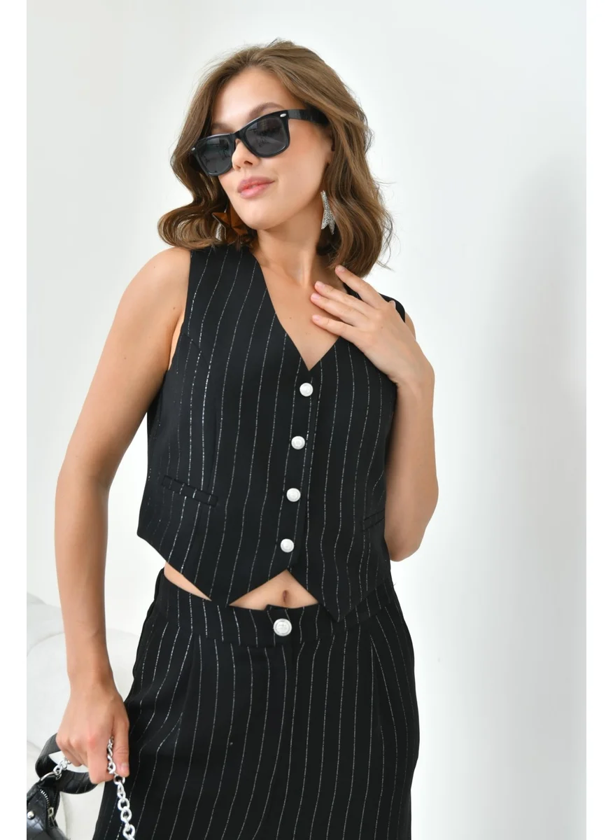 Garmi Women's Glitter Crepe Vest Set Black