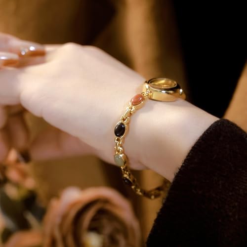 MASTOP ساعة ماسية فاخرة ملونة بتصميم بيضاوي للنساء بقرص صغير ساعة كواتز مقاومة للماء مع سوار من الفولاذ المقاوم للصدأ (ذهب فضي) - Image 3