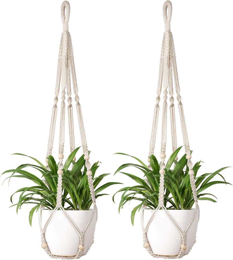 Mkono Macrame Plant Hanger Indoor Hanging Planter Basket with Wood Beads Decorative Flower Pot Holder No Tassels for Indoor Outdoor Boho Home Decor 35 Inch, Ivory, Set of 2 (POTS NOT Included) - Image 1
