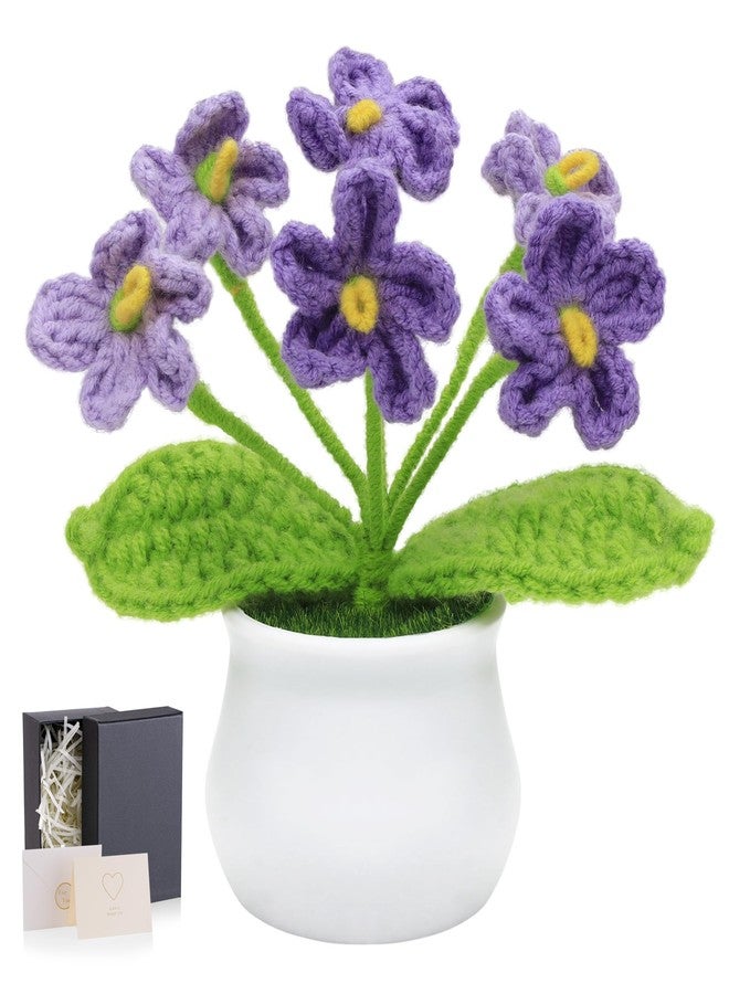 LAIDANLA Crochet Flowers Forget Me Not, Mini Gradient Purple Crochet Flower Potted Plant for Desk, Handmade Anniversary Birthday Graduation Gifts for Women Teacher Mom Friend - Image 1