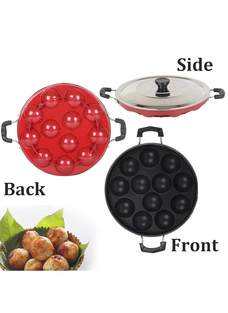KD ZONE KD ZONE Appam Pan HeavyWeight NonStick appe Paniyarakkal Maker with Steel Lid Cast Aluminium Red  - Image 4