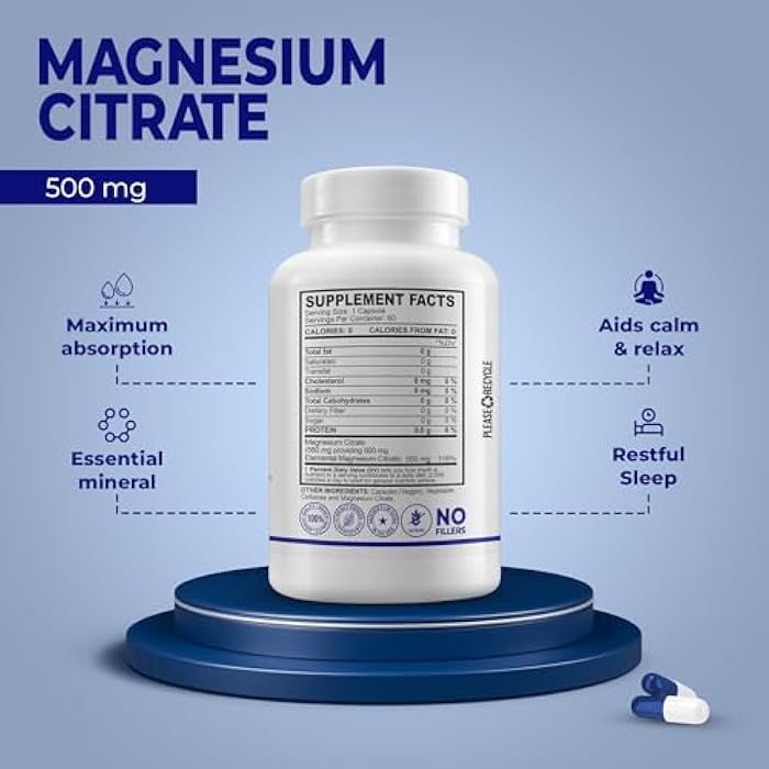 MB One Pharma MB One Magnesium Citrate 500mg - Highly Absorption Formula for Muscle, Nerve, Sleep & Bone Support - Vegan, Non-GMO - Digestive & Heart Health - 60 Caps - 60 Day Supply - Image 2