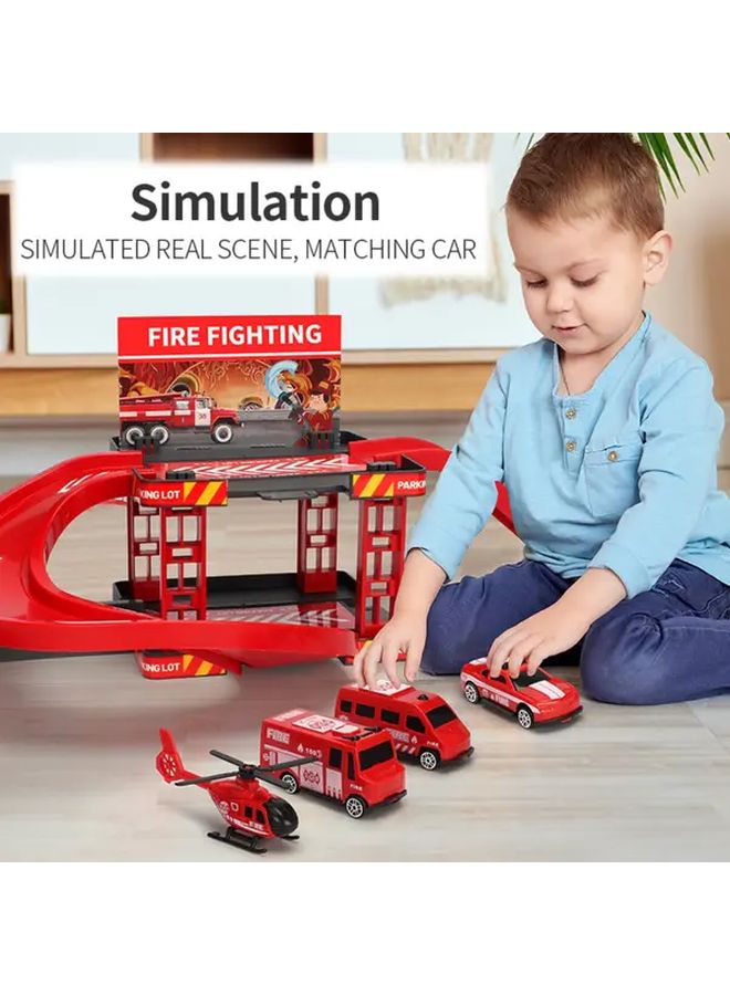 Dinosaur Track Toy Firefighting Military Vehicle Multi Story Parking Lot Play Set - Image 4