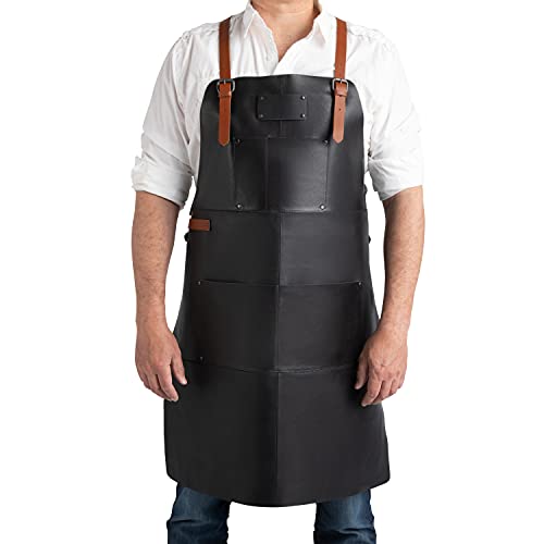 Theodore Genuine Leather Apron – CrossBack straps, BBQ, Woodworking, Barista, & Work Apron, with 3 Spacious Pockets & Adjustable Straps – Brown - Image 1