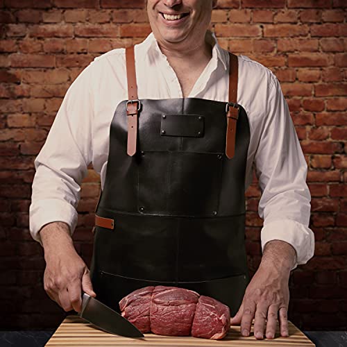 Theodore Genuine Leather Apron – CrossBack straps, BBQ, Woodworking, Barista, & Work Apron, with 3 Spacious Pockets & Adjustable Straps – Brown - Image 5