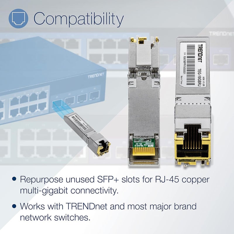 Trend Net 10G RJ-45 Copper SFP+ Module, Convert A Standard SFP+ Slot Into A RJ-45 Multi-Gigabit Port, Connect Devices Up to 30m (98ft), Hot-Pluggable, Lifetime Protection, Silver, TEG-10GBRJ - Image 4