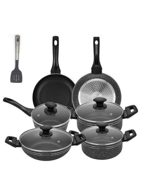 Auroware 10 Piece Non Stick Cookware Set Frying Pan Casserole with Lid Sauce pan with Lid Wok Pan Kitchen Cooking Ladle Three Layer Coating