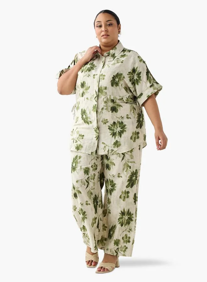 Ulla Popken Ulla Popken Relaxed Fit Tie-Up Detail Shirt with Floral Print
