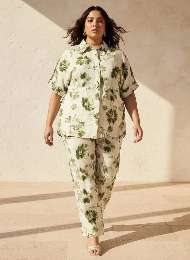 Ulla Popken Ulla Popken Relaxed Fit Tie Up Detail Shirt with Floral Print