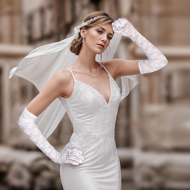 CHACKO Lace Gloves Long Opera Gloves Elbow Length for Women Party Dress Costume Floral Prom Gloves Wedding - Image 3