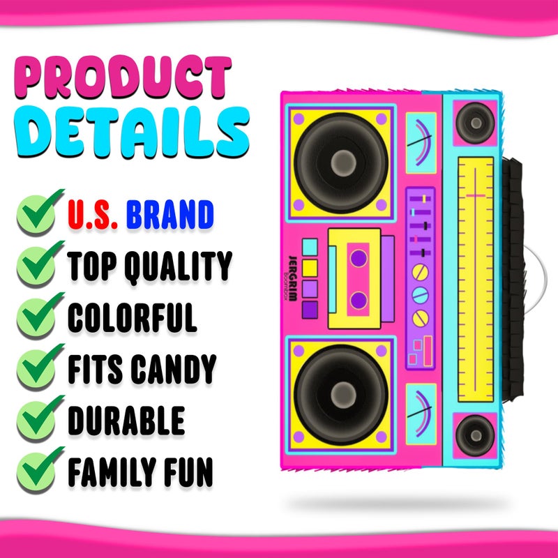 Jergrim Boombox PiÃ±ata 4-Piece Set perfect for Retro Birthday Party, Decorations, 80s Parties, Hip Hop 90s, 1980â€™s Radio PiÃ±ata for kids and adults (17â€X10â€) Durable! - Image 5