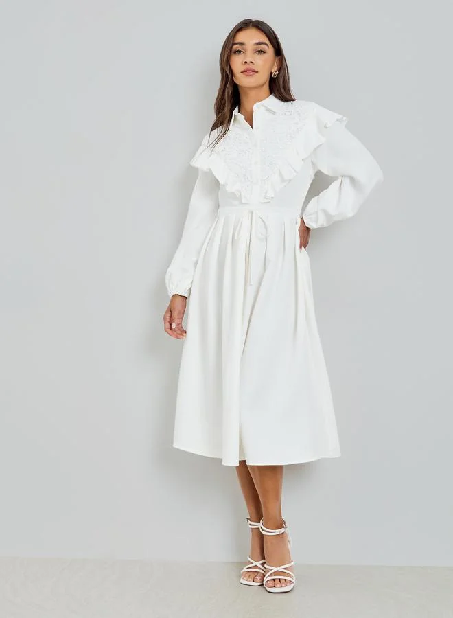 Styli White Lace Collar Shirt Midi Dress