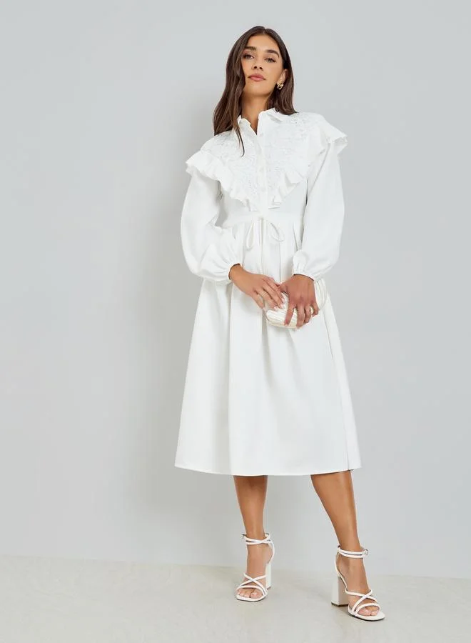 Styli White Lace Collar Shirt Midi Dress