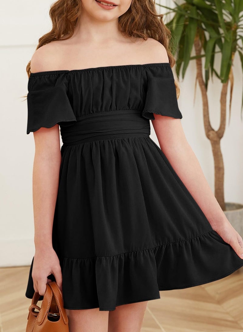 blibean Girl,Big kid, Summer Dresses Tween Kid Boho Off Shoulder Solid Dress Back Tie Tulle Short Sleeve Tutu Clothing Vestidos NiÃ±as Size 10-11 Years X-Large Black - Image 4
