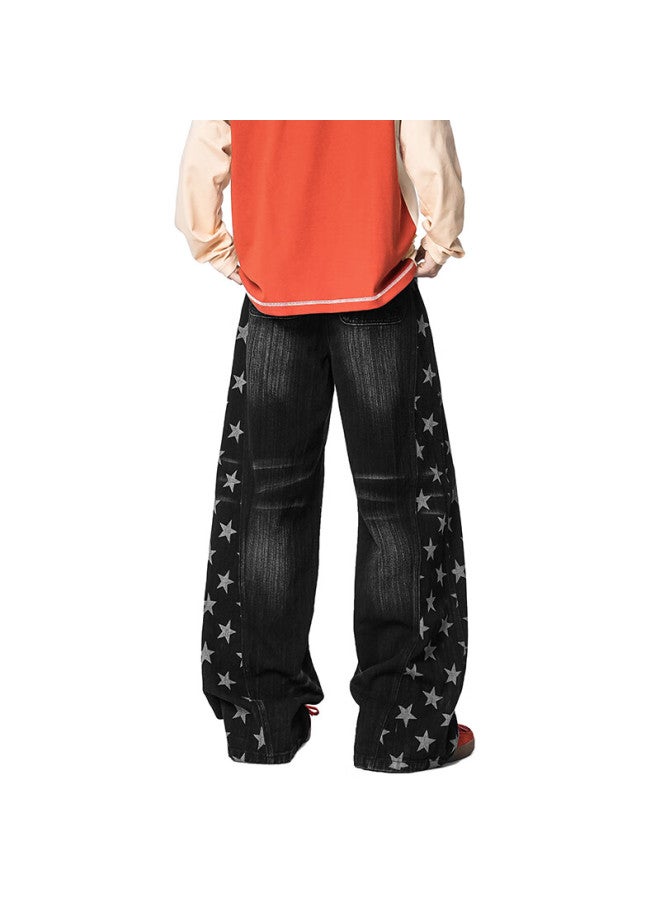 Izexx American Vintage Washed Denim Jeans Men Spring Star Curved Dagger Deconstructed Wide-leg Casual Pants Zk11 Black XL - Image 2