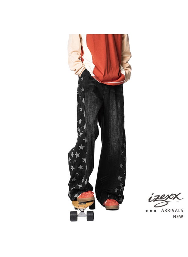 Izexx American Vintage Washed Denim Jeans Men Spring Star Curved Dagger Deconstructed Wide-leg Casual Pants Zk11 Black XL - Image 1